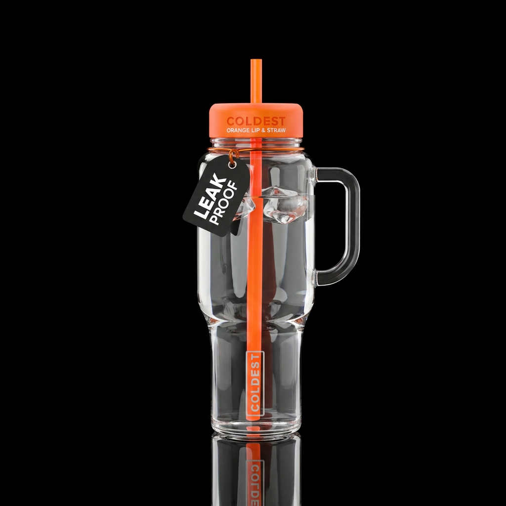 Clear bottle with fluorescent orange lip and straw water bottle design