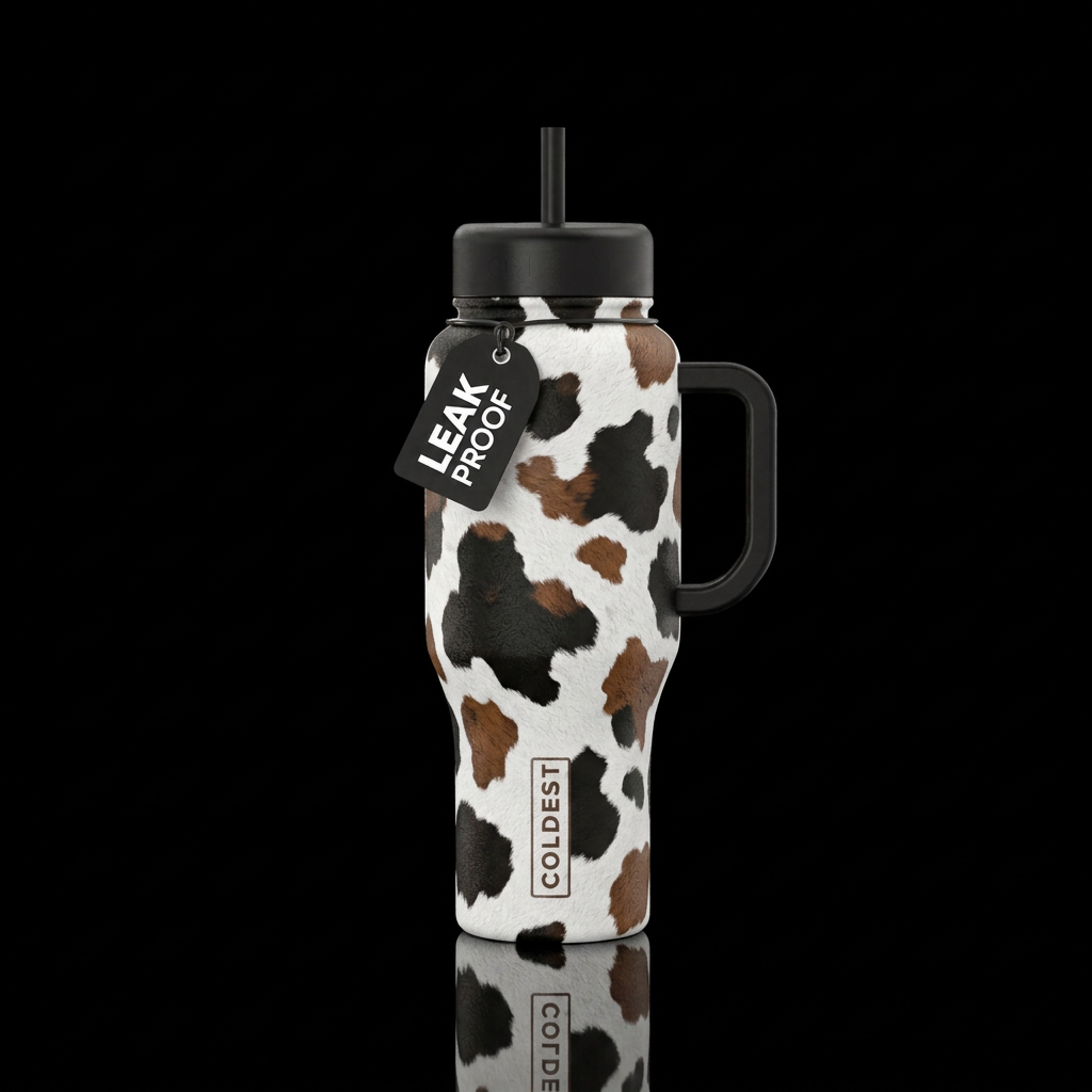Cow print textured with white background black and... water bottle design