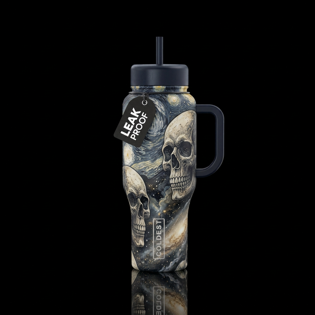 Textured large skull heads with dark blue, gray, w... water bottle design