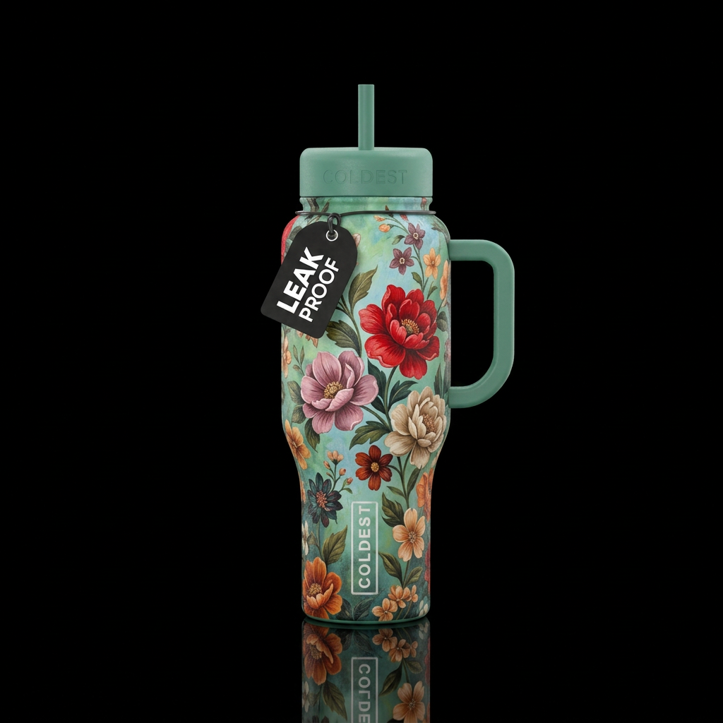 Garden of life theme, jade green and light blue ba... water bottle design