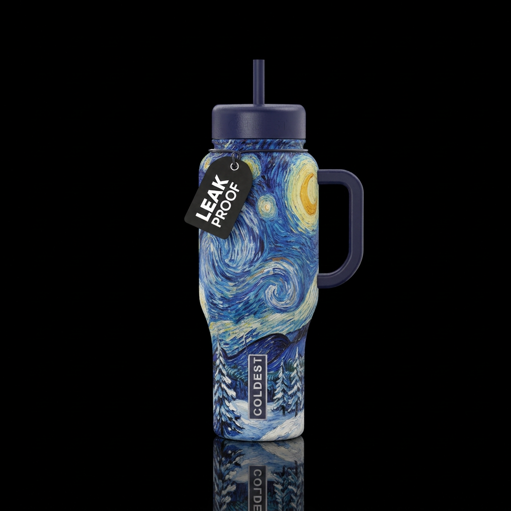 A winters snowy starry galaxies night van gough st... water bottle design