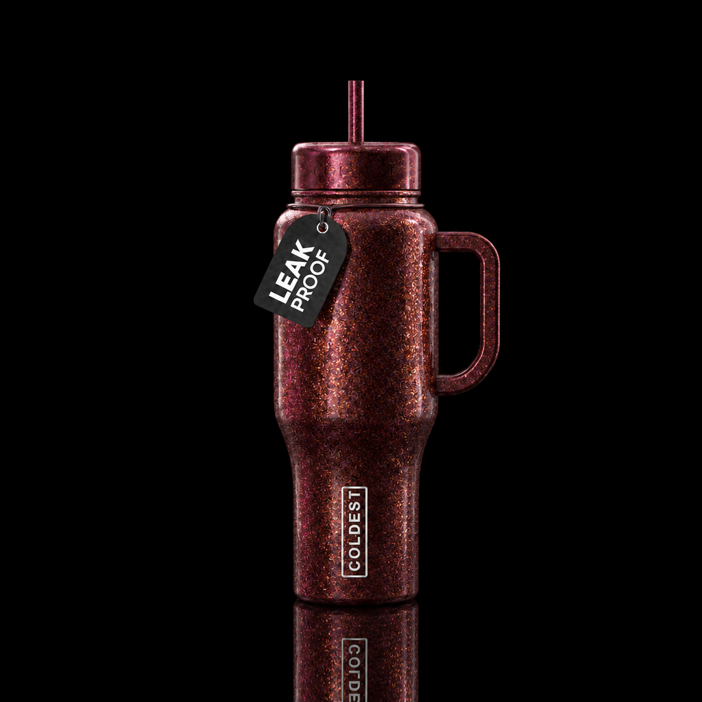 The background is a sparkly dark chocolate and red... water bottle design