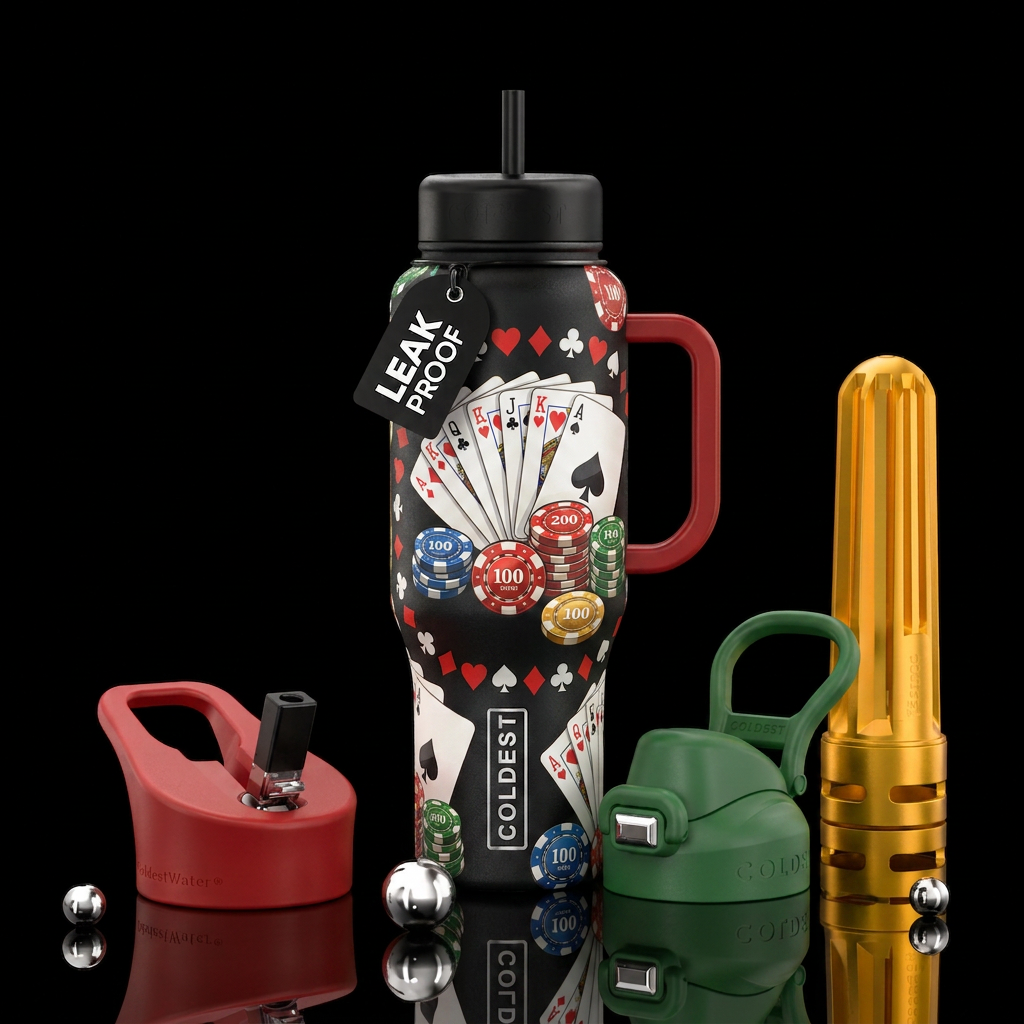 a casino one with poker chips cards water bottle design