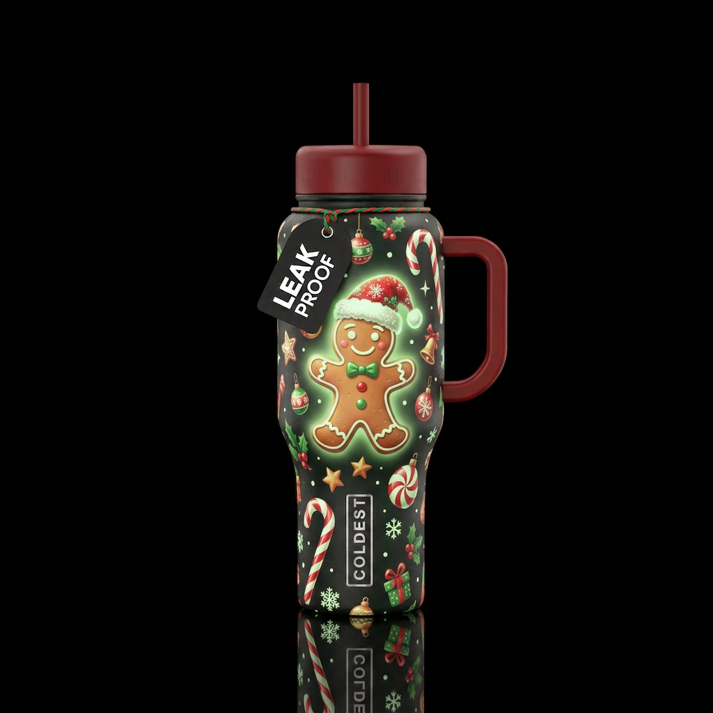 A Christmas cup with candy canes gingerbread man t... water bottle design