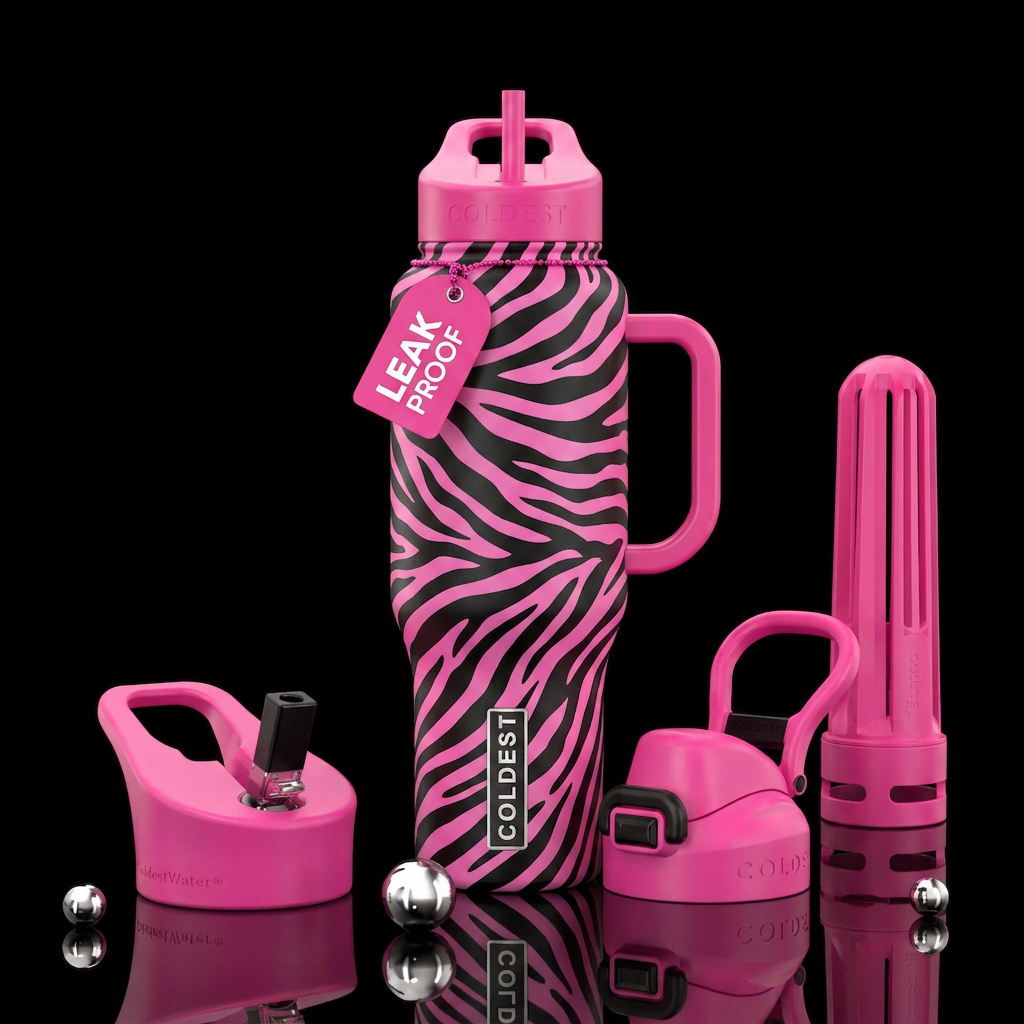 Black and pink zebra water bottle design