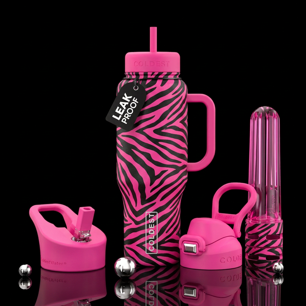 Black and pink zebra water bottle design