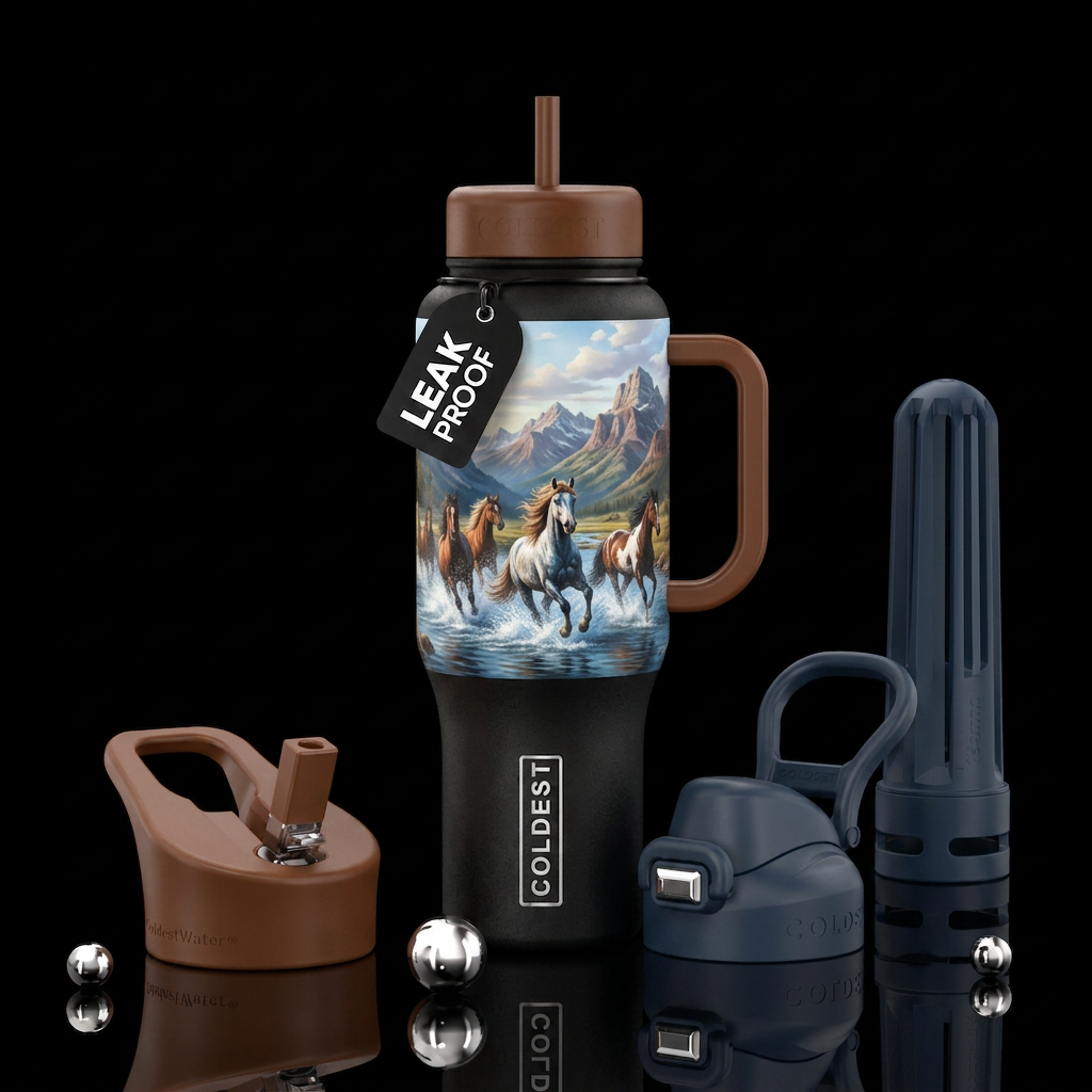 Horses running in water by the mountains water bottle design