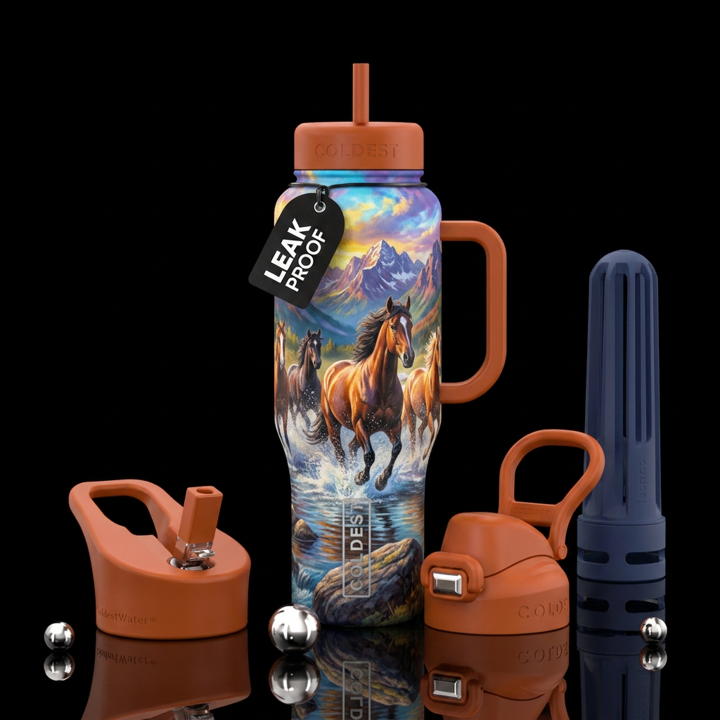 Horses running in water by the mountains water bottle design