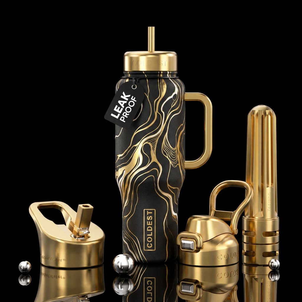 White and gold abstract art with gold handle and t... water bottle design