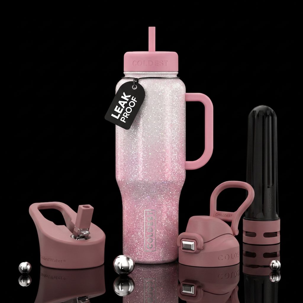 Glitter white and pink e, dreamy water bottle design