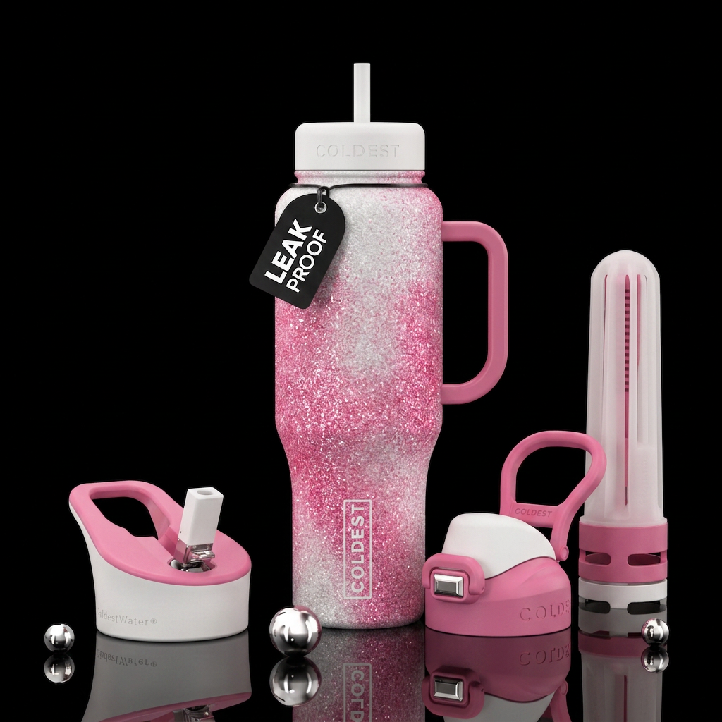 Glitter white and pink e, dreamy water bottle design