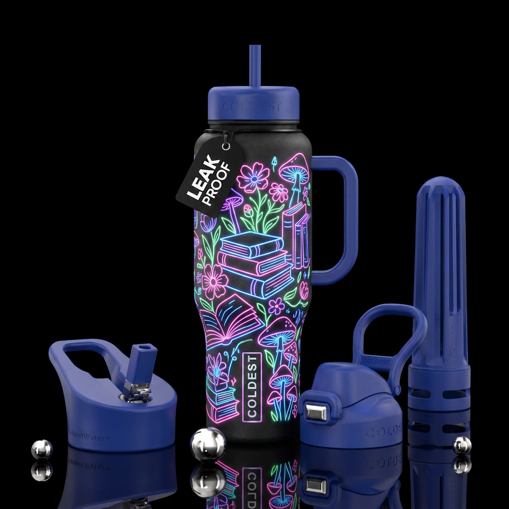 Books flowers and mushrooms, neon water bottle design