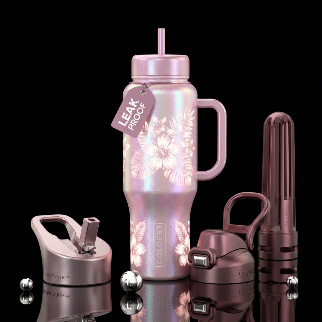 Shimmer pink with tropical flowers that glow water bottle design