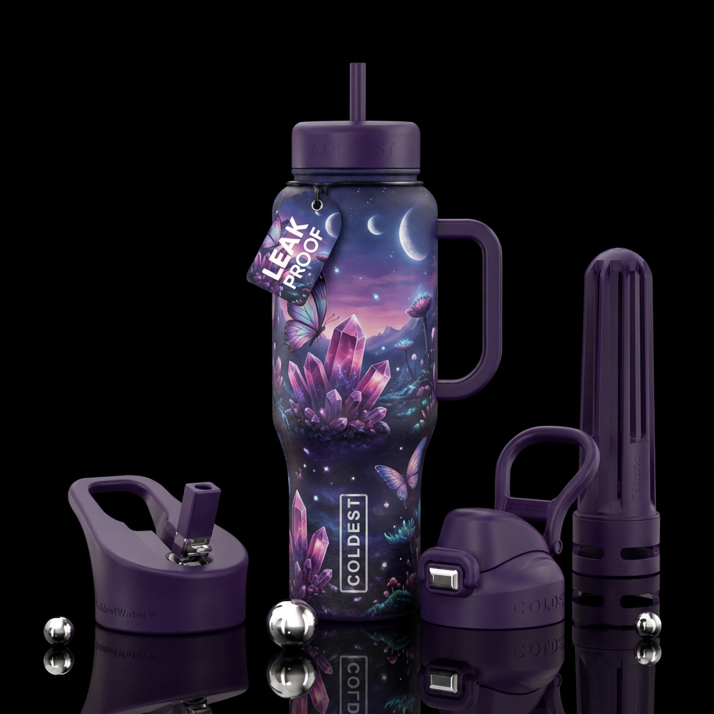 european,, luxurious, sparkly purple and pink water bottle design