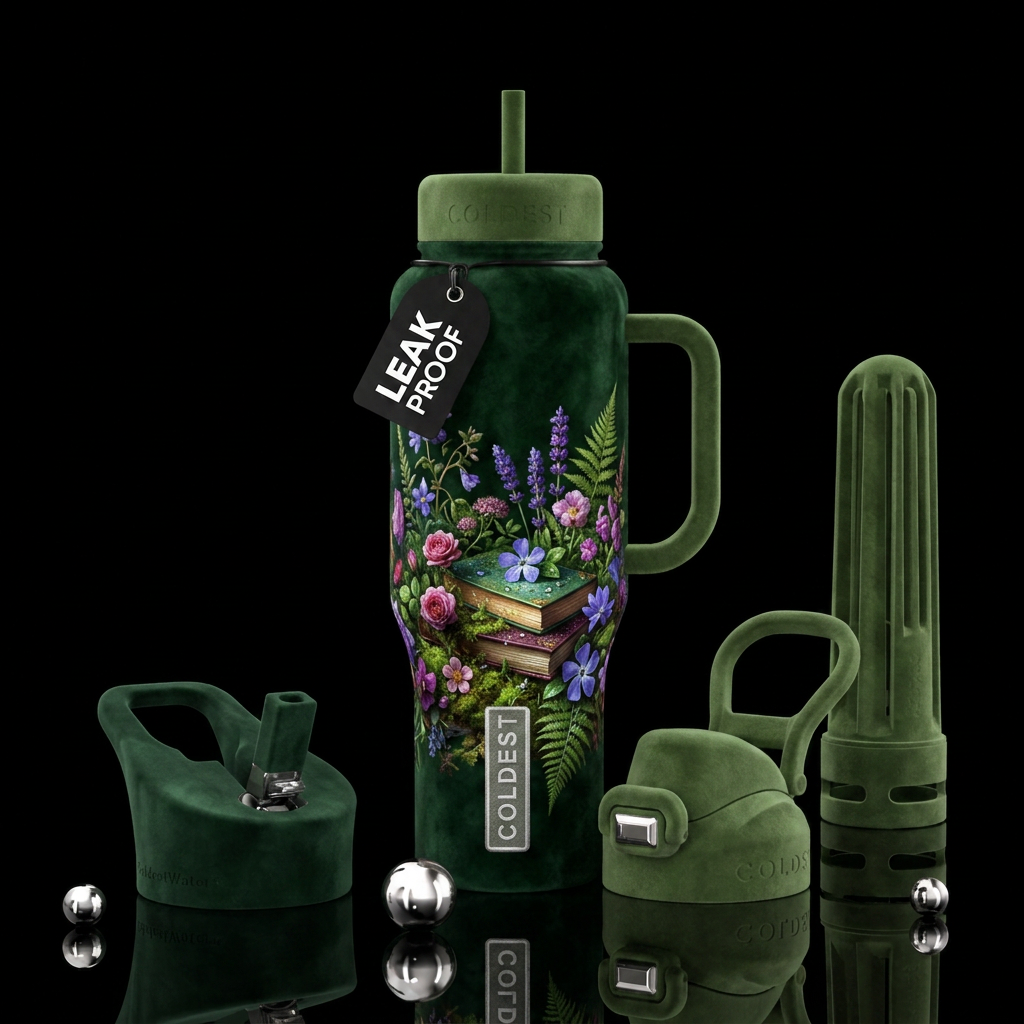 velvet finish with books flowers in nature, nature... water bottle design