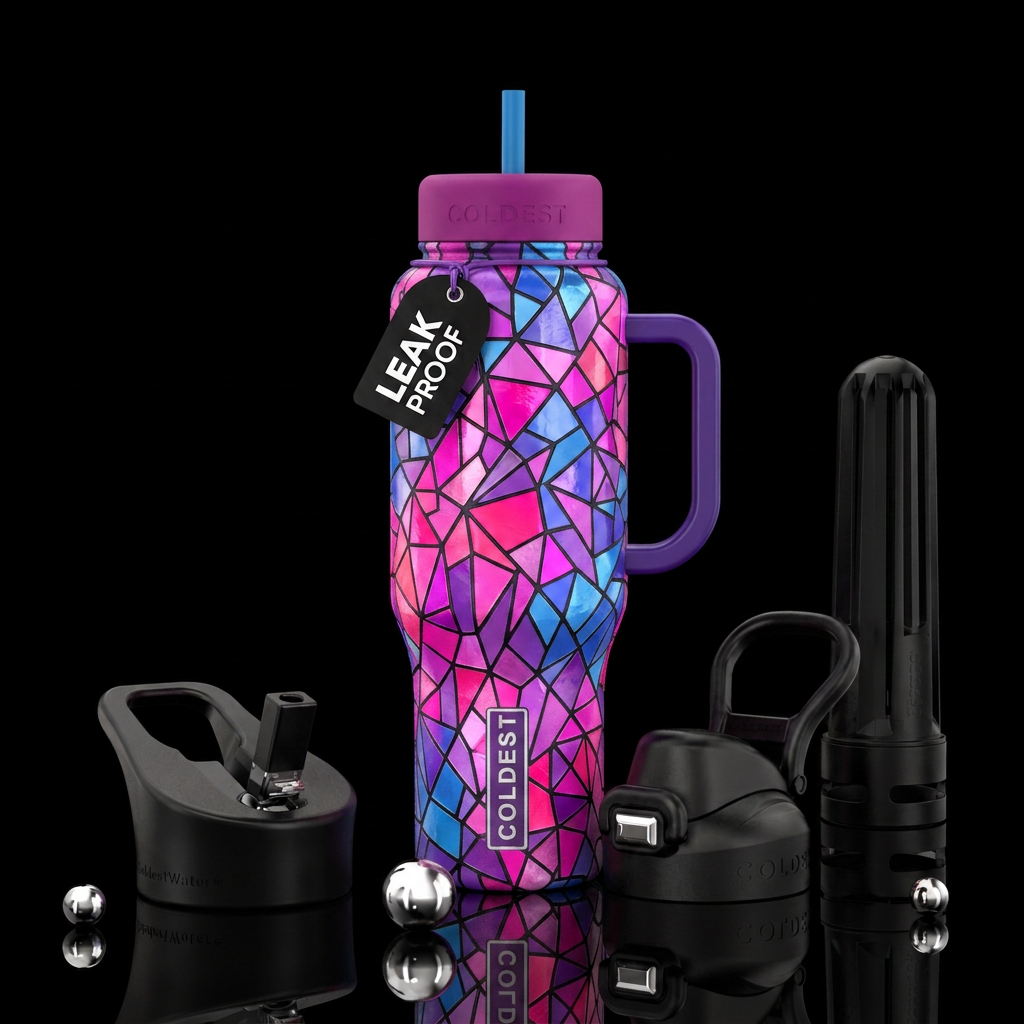 Stain glass bright mosaic, neon pink, pinkpurpl e ... water bottle design