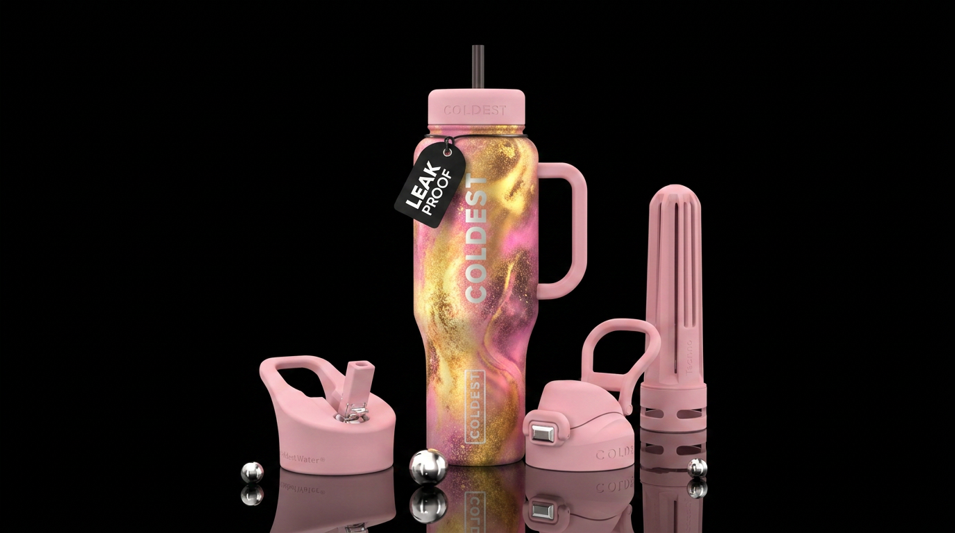 abstract gold pink powder pink water bottle design