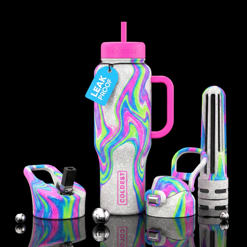 White  chunky glitter background with neon hydro d... water bottle design