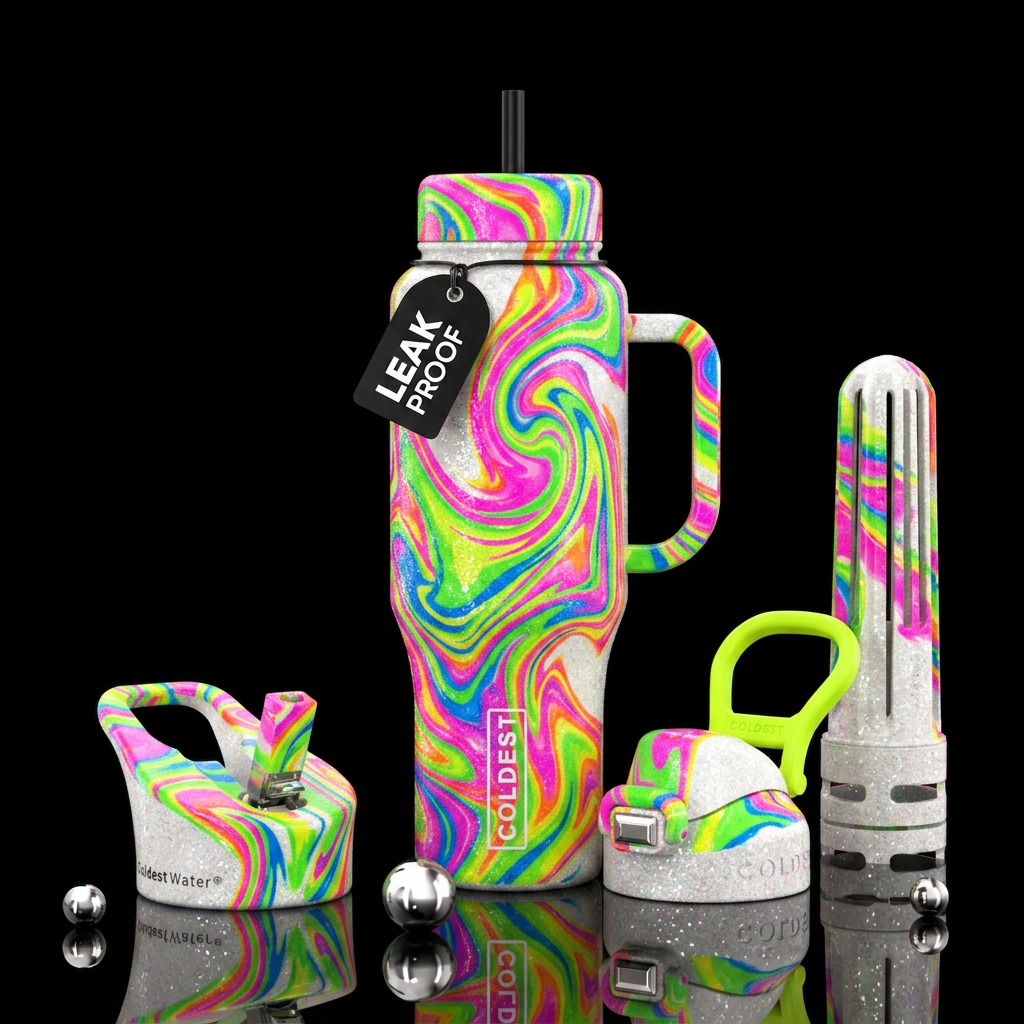 White  chunky glitter background with neon hydro d... water bottle design