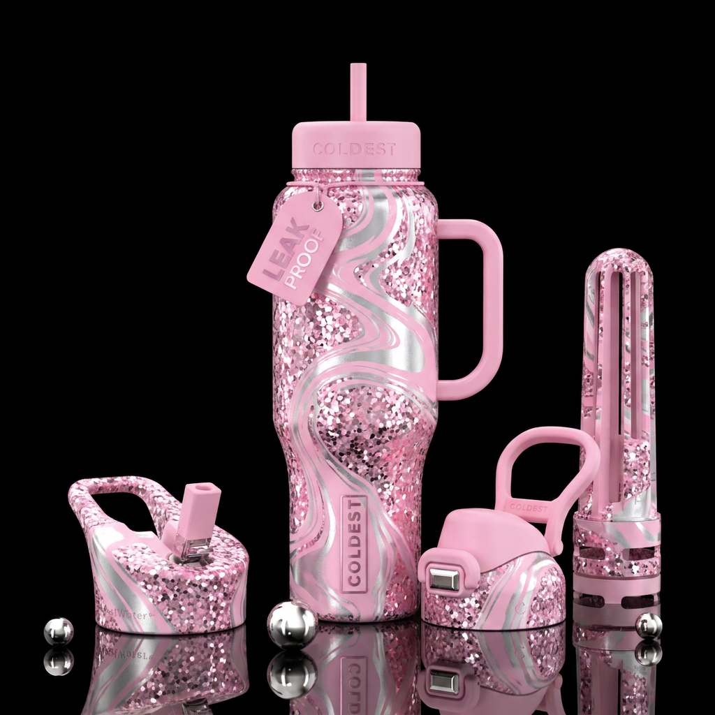 Baby pink chunky glitter with pastel pink and silv... water bottle design