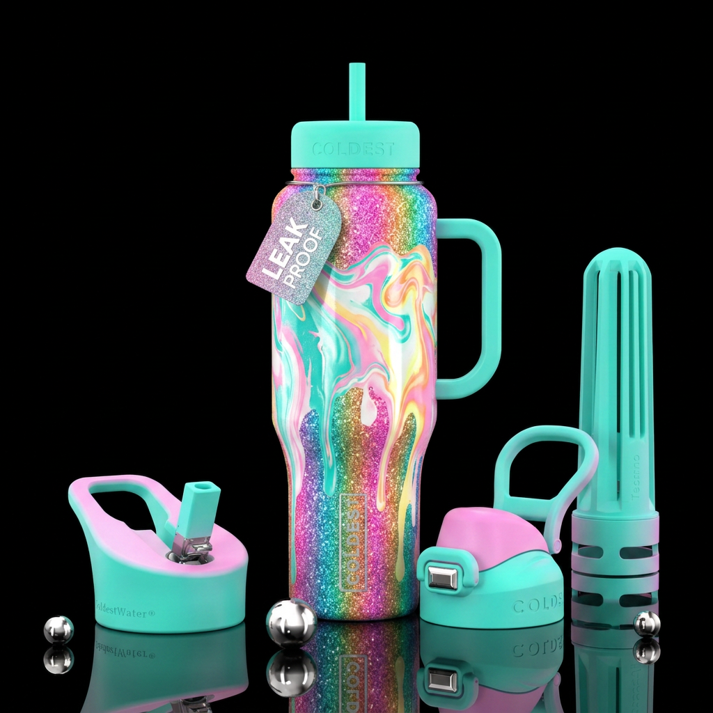 Neon rainbow glitter background with hydro dip in ... water bottle design