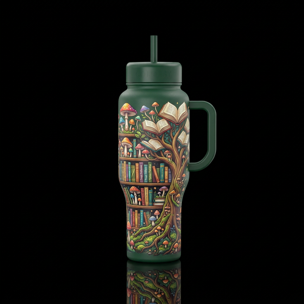 Books mushrooms, library trees, artistic water bottle design