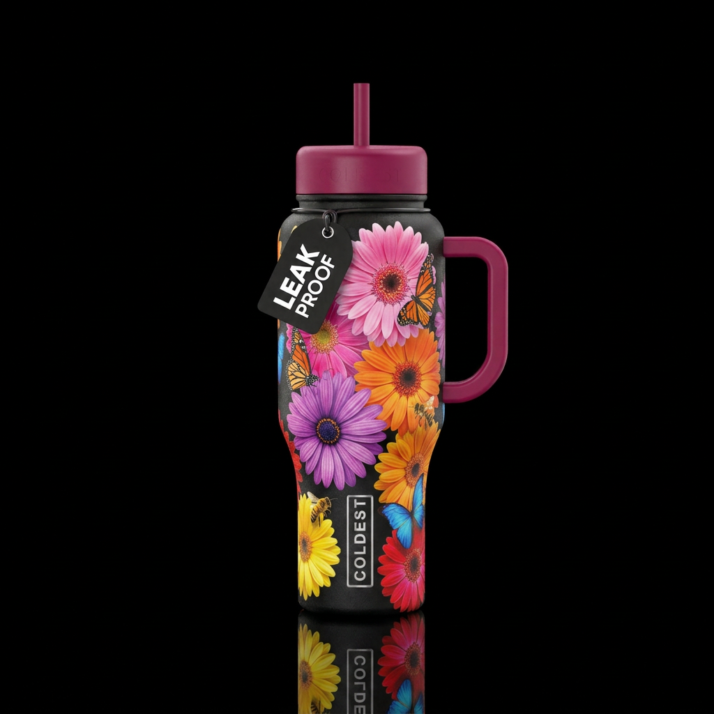 Gerber daisy multiple colors with bees butterflies water bottle design