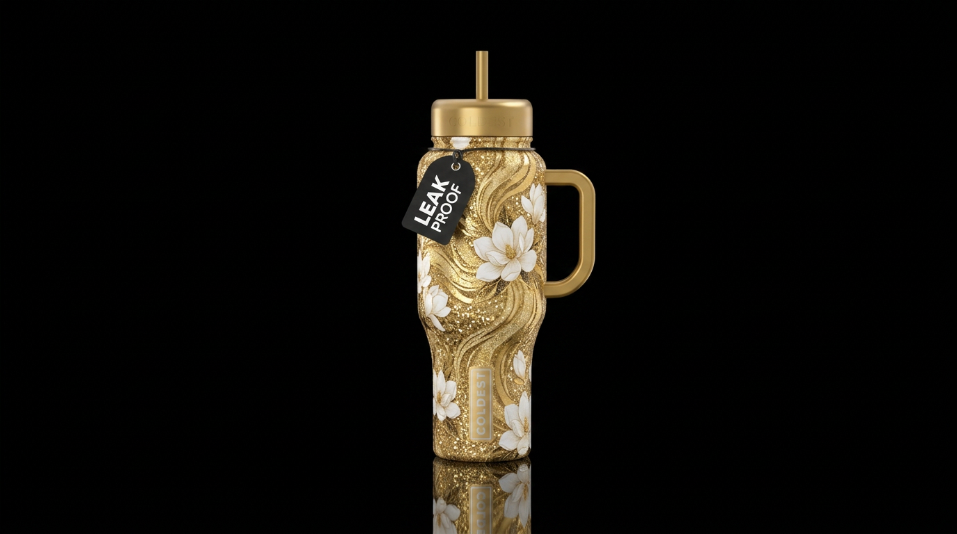 swirls with  gold with white Magnolia flowers, spa... water bottle design
