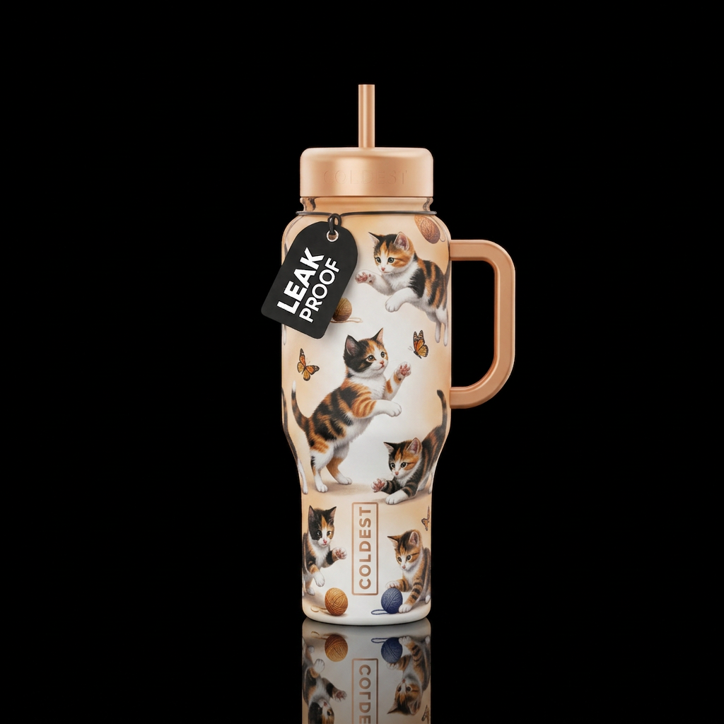 Calico kittens playing and jumping water bottle design