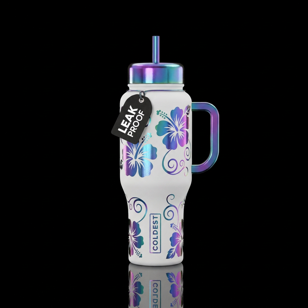 Matte white cup with foil hibiscus flowers and swi... water bottle design
