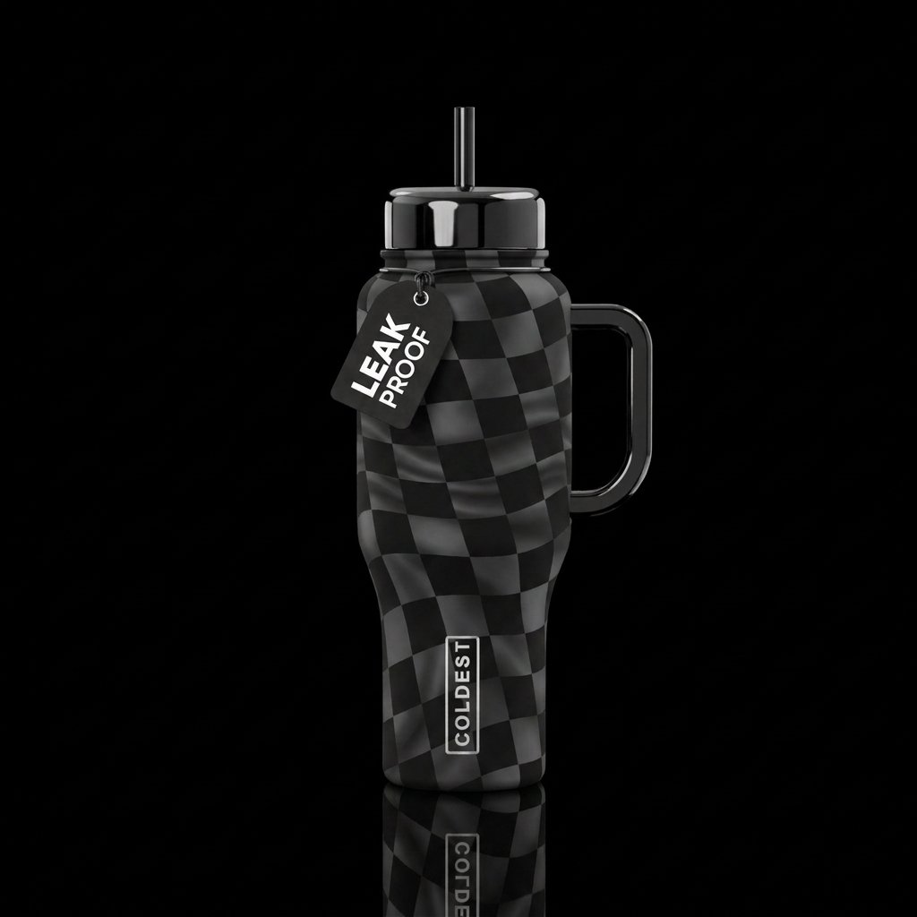 Matte black waving checkered flag design with poli... water bottle design