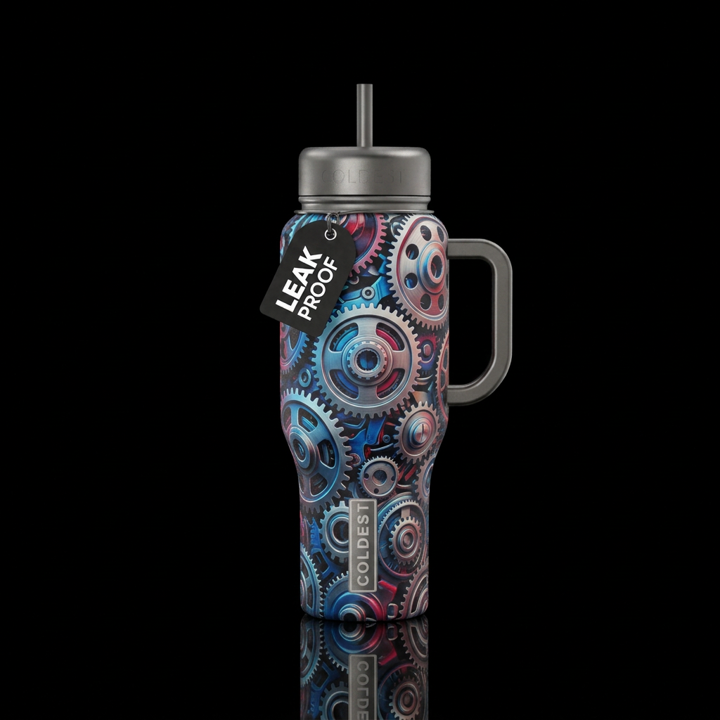 Matte steel with car gears full wrap water bottle design