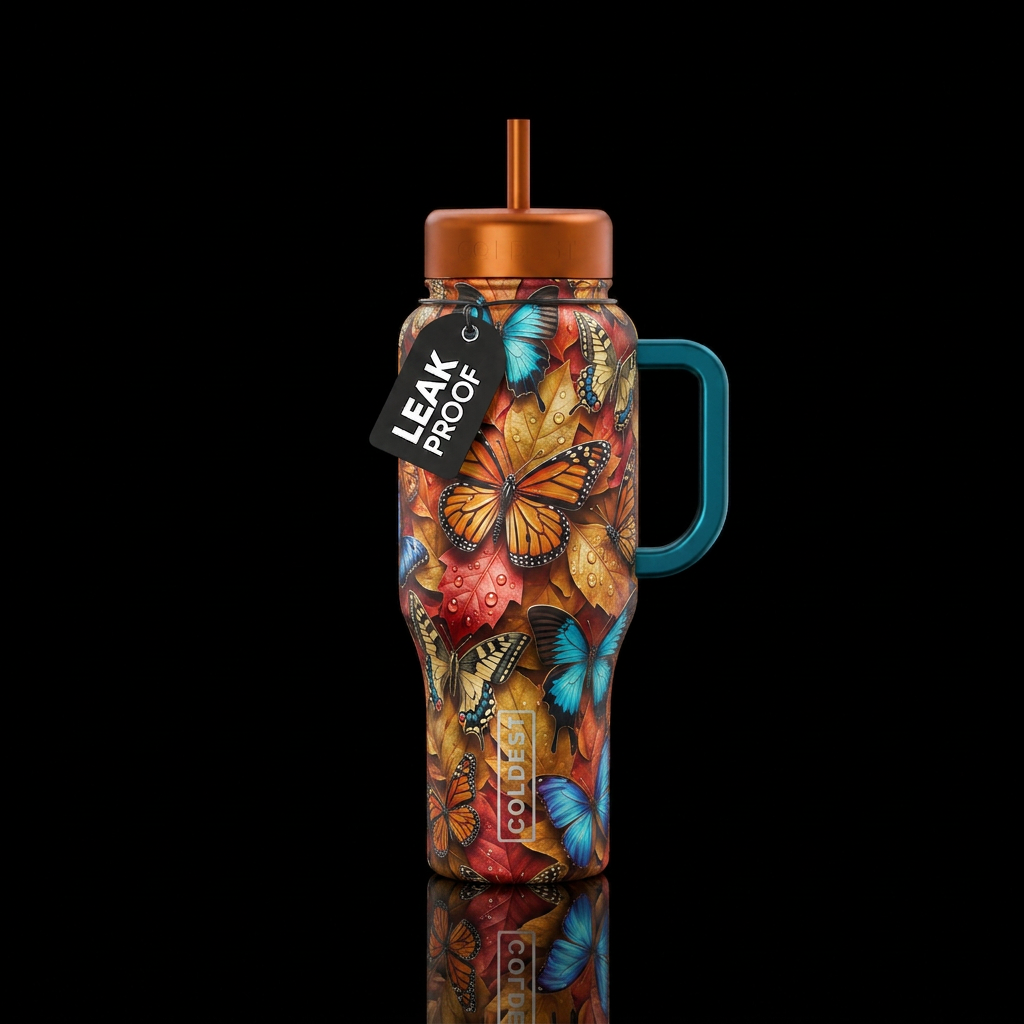 metallic colorful butterflies nesting on dew drop ... water bottle design