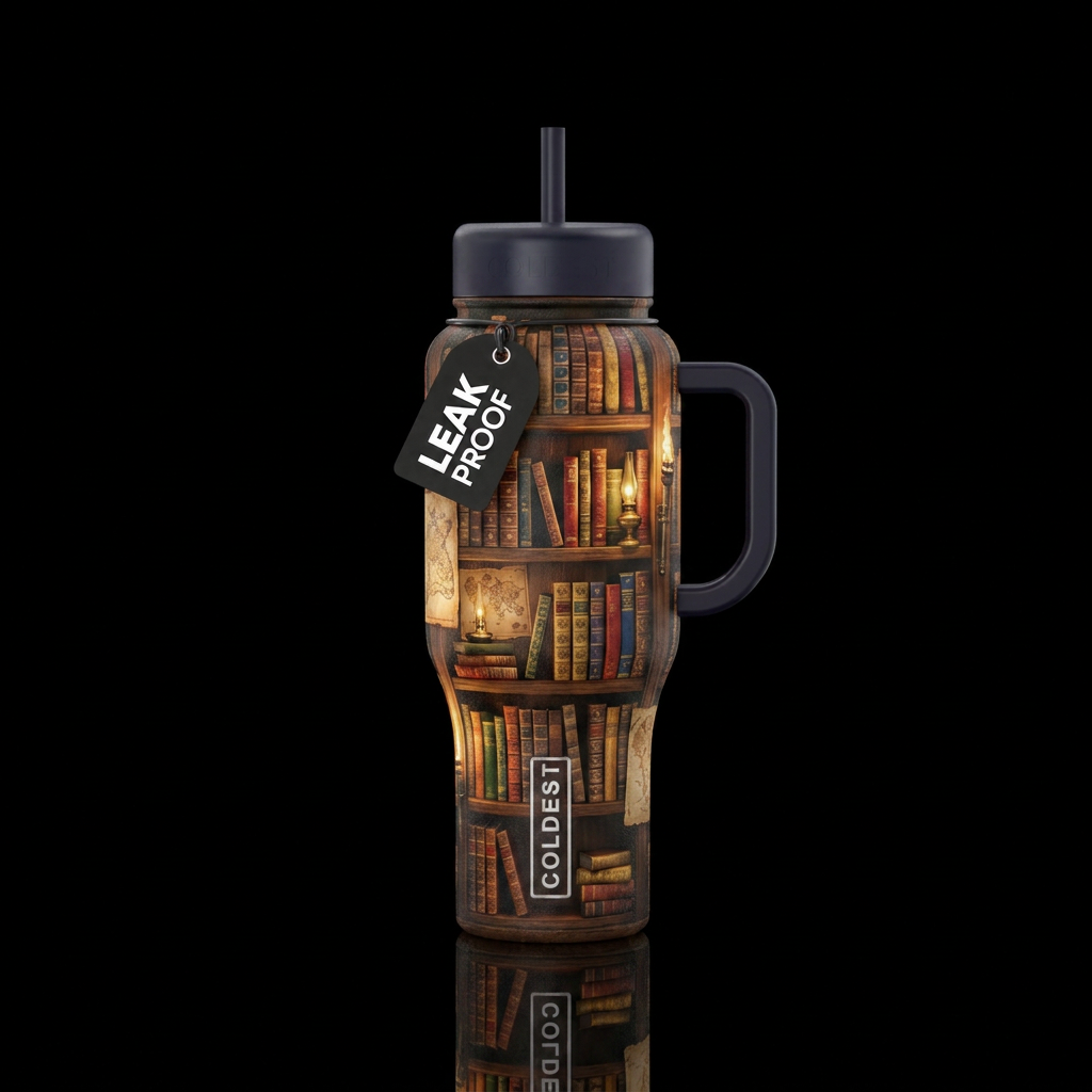 hidden ancient library water bottle design
