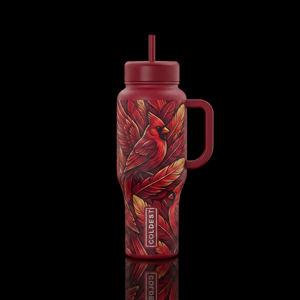 Cardinals silhouetted by feathers. water bottle design