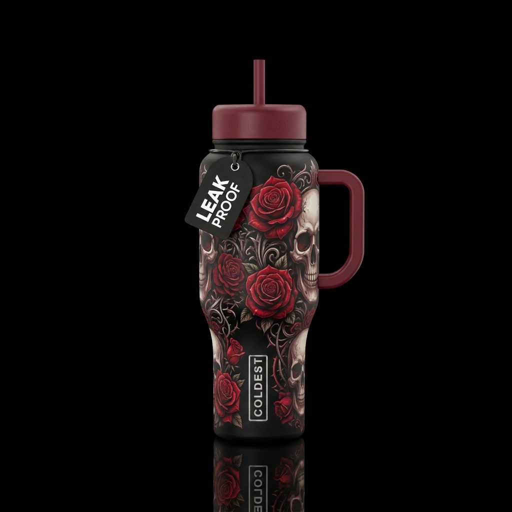 Design a skull tumbler with Gothic vibes and red r... water bottle design