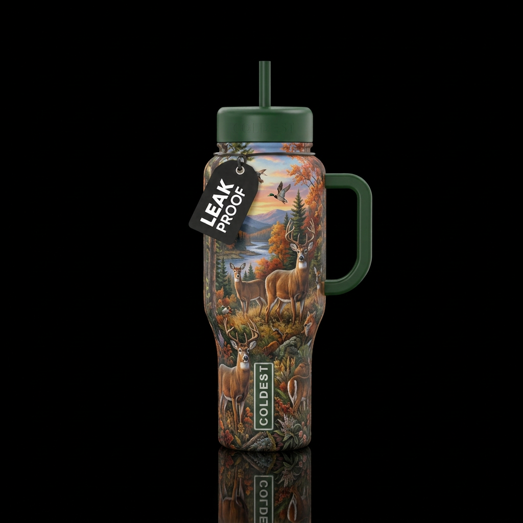Design a deer tumbler with hunting landscape in ba... water bottle design