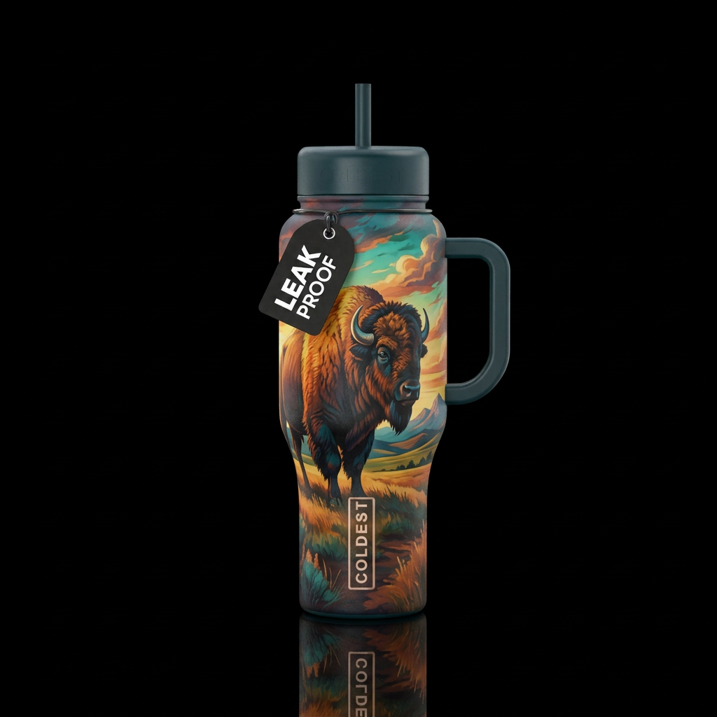Design a tumbler with buffalo in its natural eleme... water bottle design