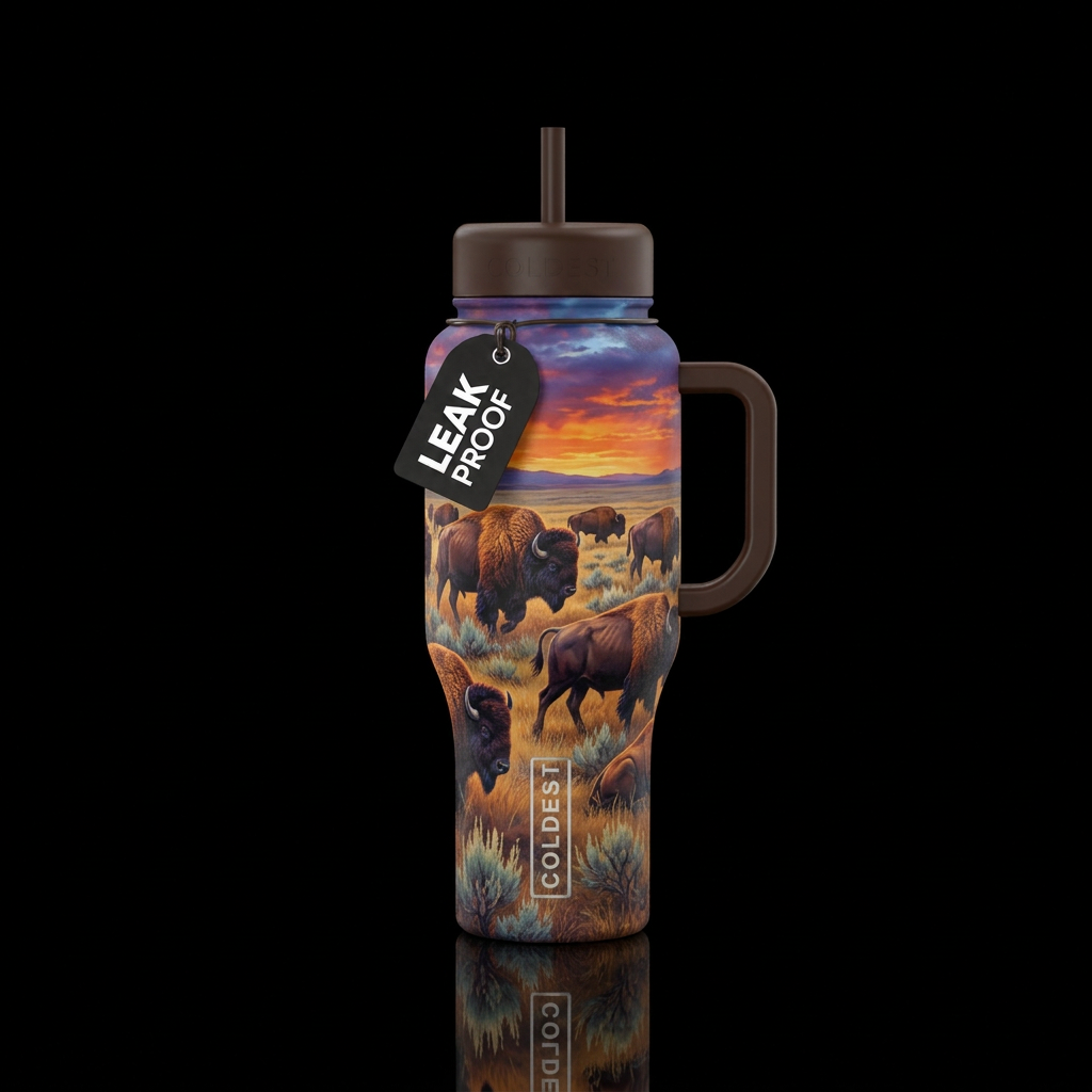 Design herd of bison in a natural element of natur... water bottle design
