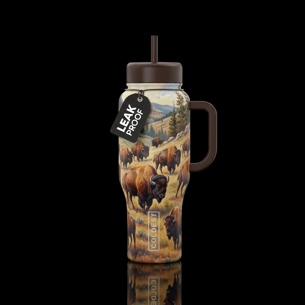 Design herd of bison in a natural element of natur... water bottle design