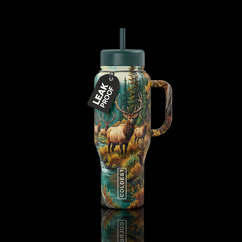 Design a tumbler with elk in natural elements of r... water bottle design