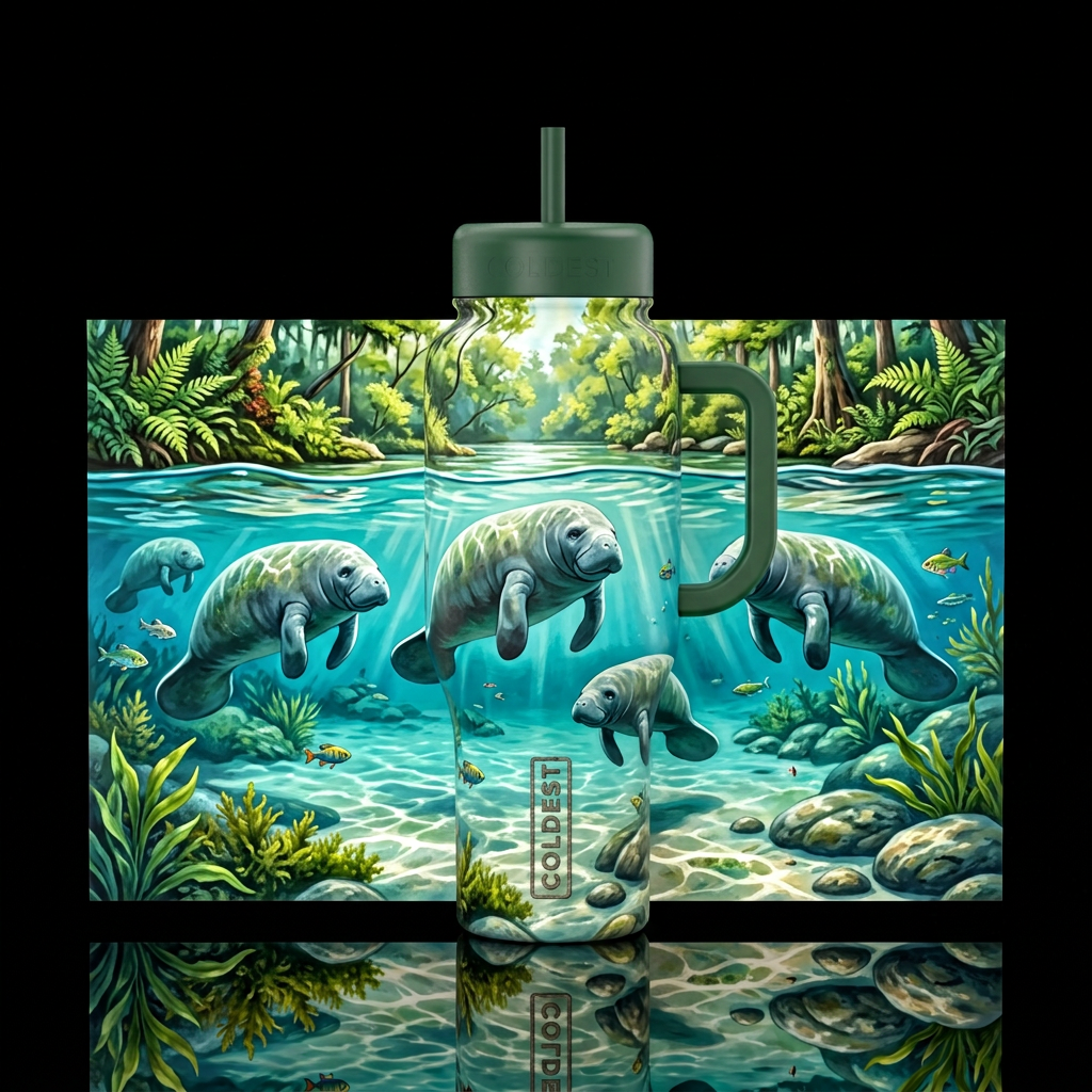 Design a tumbler of a manatee in a natural spring ... water bottle design