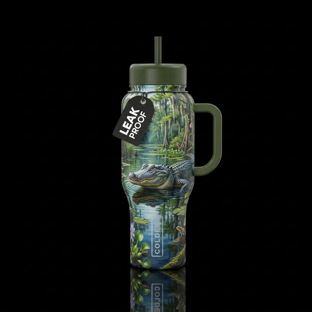 Design a tumbler of an American alligator in its n... water bottle design