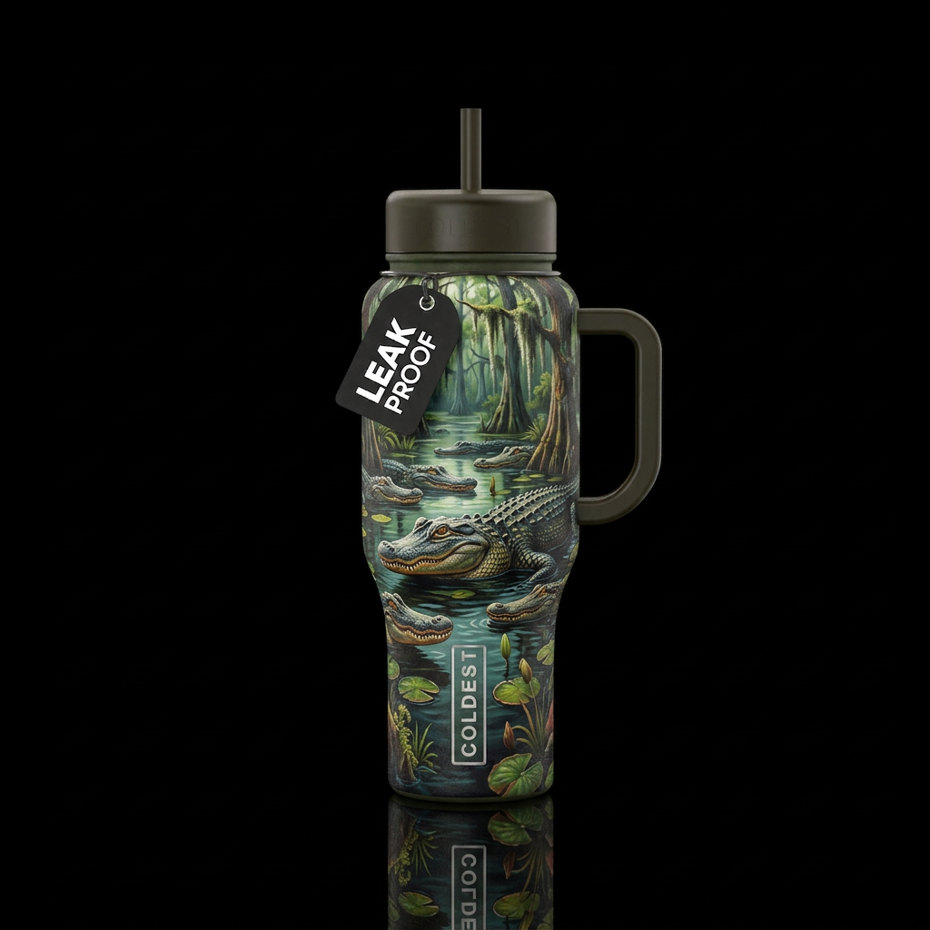 Design a tumbler of a herd of alligators in a natu... water bottle design
