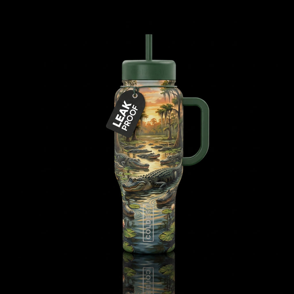 Design a tumbler of a herd of alligators in a natu... water bottle design