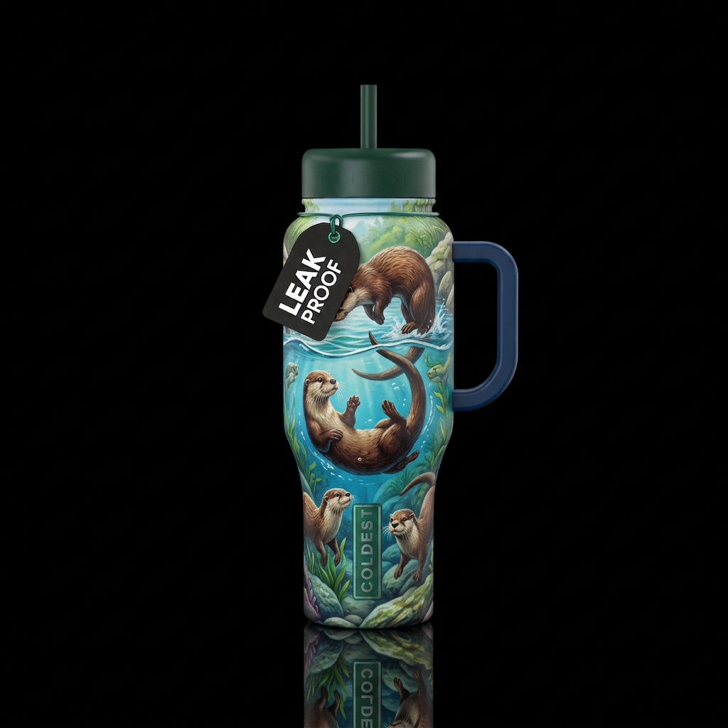Design a bottle with otters playing in their natur... water bottle design