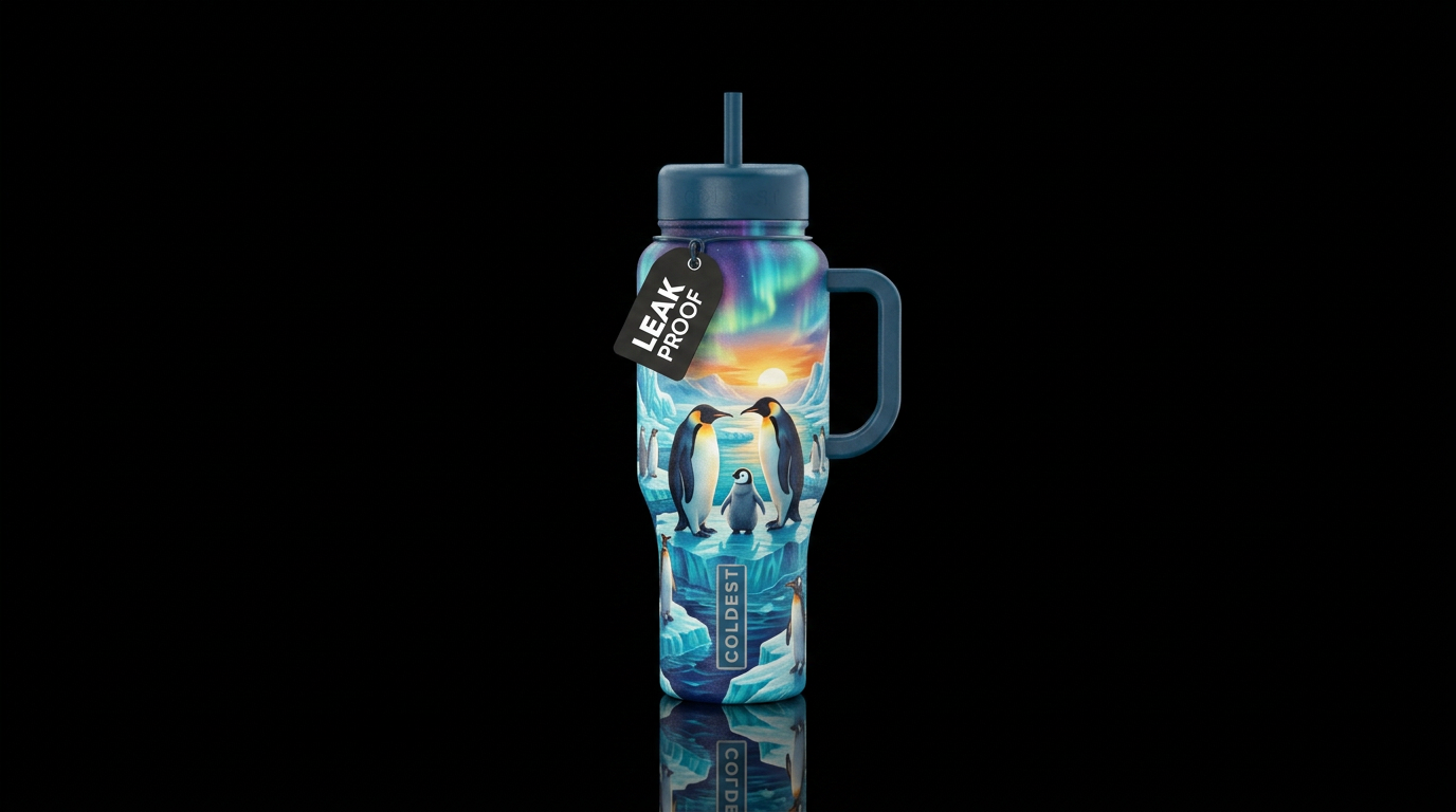 Design a bottle with a  natural habitat of penguin... water bottle design