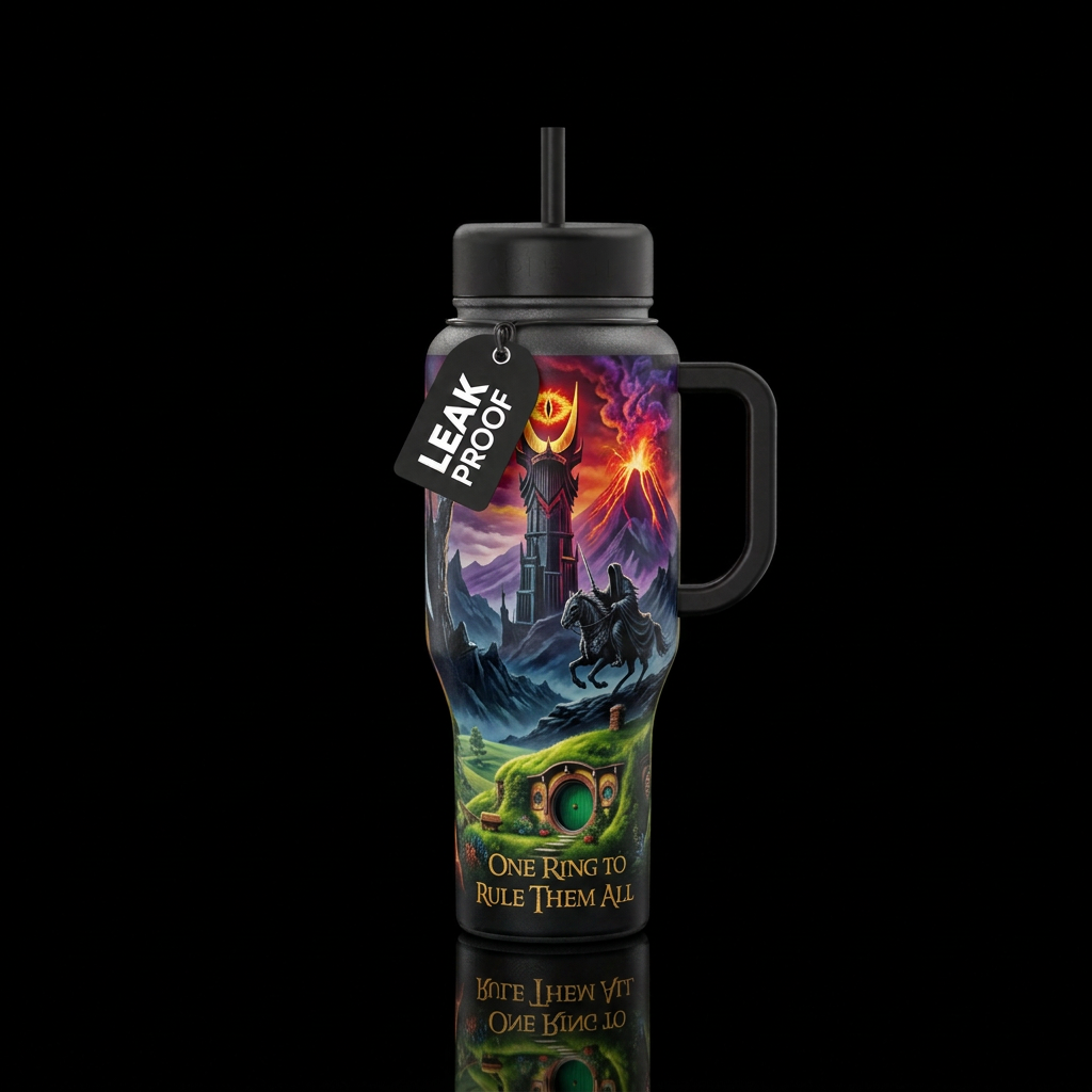 Create a tumbler inspired from the world of lord o... water bottle design