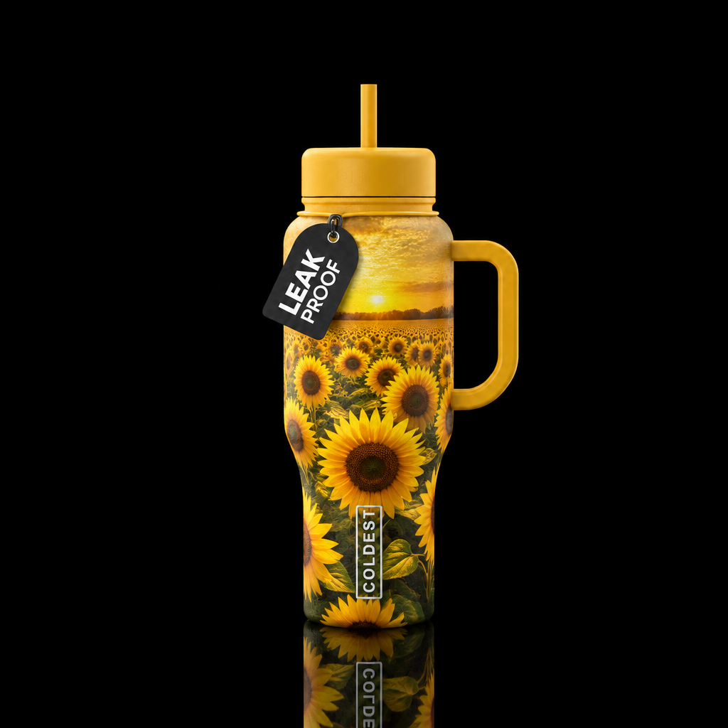 A yellow bottle with a field of sunflowers as far ... water bottle design
