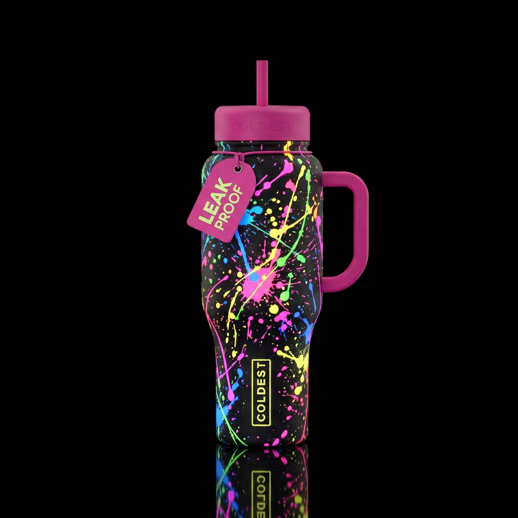 Neon splatter water bottle design